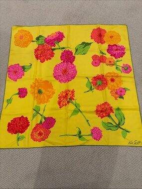 Vintage Ken Scott Bright Yellow Floral Scarf with Pink Orange Red Blooms
